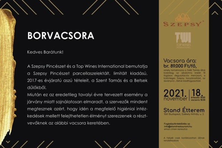 Szepsy Szent Tamás és Szepsy Betsek dűlőszelektált tokaji aszú borvacsora